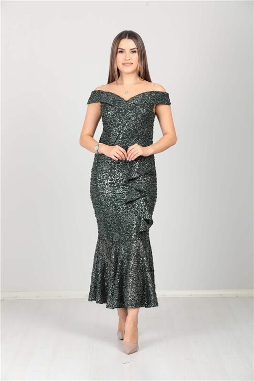 Kayık Yaka Eteği Volanlı Fırfır Detaylı Payet Elbise - Zümrüt - 1