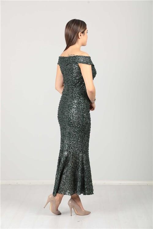 Kayık Yaka Eteği Volanlı Fırfır Detaylı Payet Elbise - Zümrüt - 2