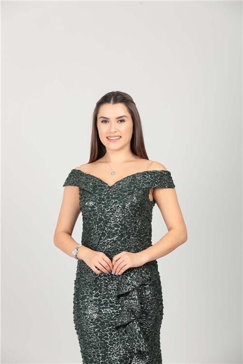 Kayık Yaka Eteği Volanlı Fırfır Detaylı Payet Elbise - Zümrüt - 3