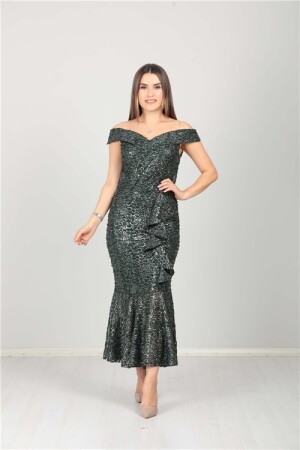 Kayık Yaka Eteği Volanlı Fırfır Detaylı Payet Elbise - Zümrüt - 4