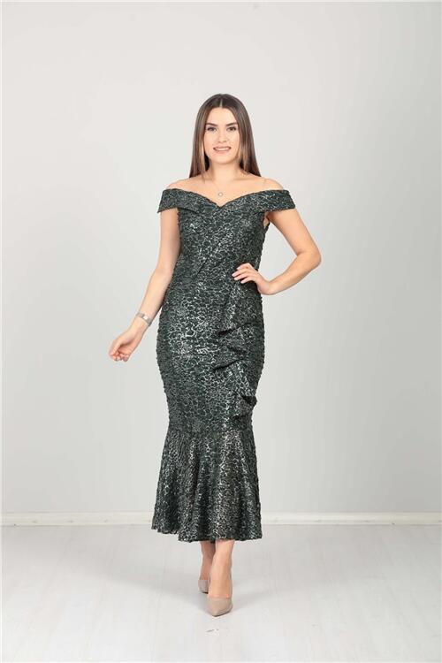 Kayık Yaka Eteği Volanlı Fırfır Detaylı Payet Elbise - Zümrüt - 4