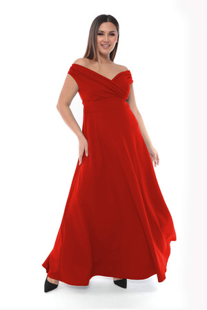 Kayık Yaka Kiloş Elbise - Kırmızı - 1
