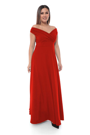 Kayık Yaka Kiloş Elbise - Kırmızı - 3