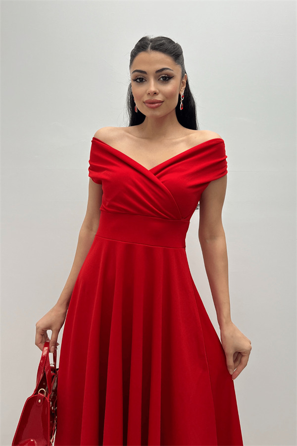 Kayık Yaka Midi Elbise - Kırmızı - 3