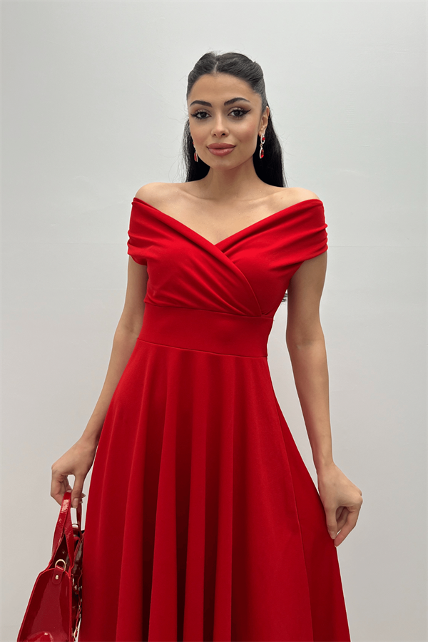 Kayık Yaka Midi Elbise - Kırmızı - 3
