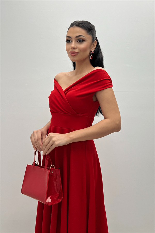 Kayık Yaka Midi Elbise - Kırmızı - 4