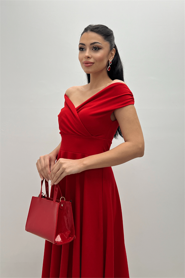 Kayık Yaka Midi Elbise - Kırmızı - 4