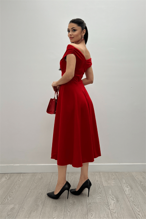 Kayık Yaka Midi Elbise - Kırmızı - 5