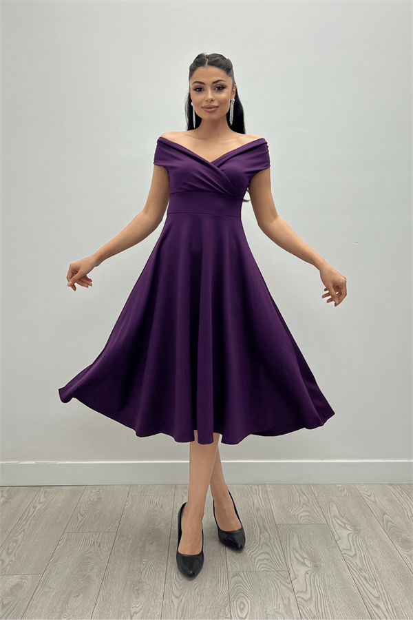 Kayık Yaka Midi Elbise - Patlıcan Mor - 2