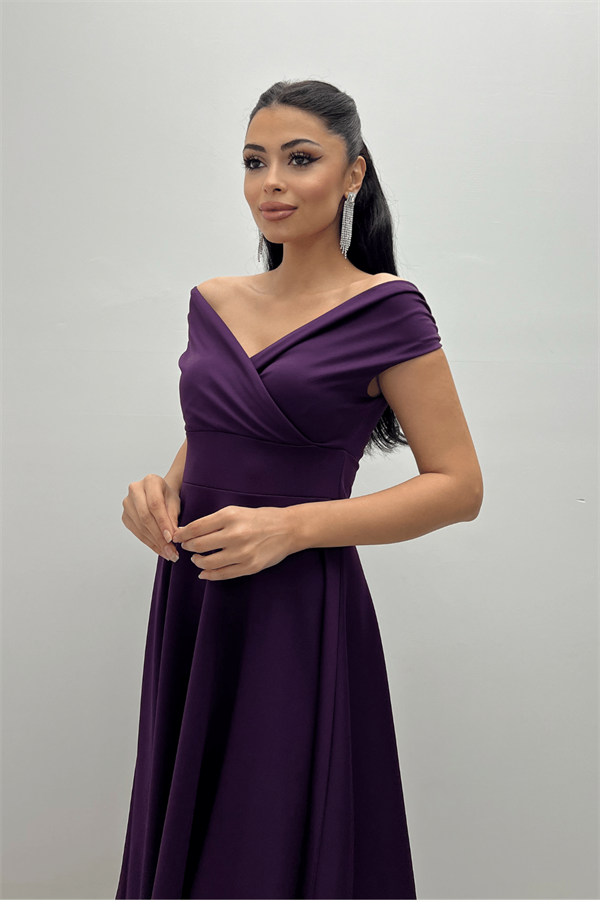 Kayık Yaka Midi Elbise - Patlıcan Mor - 3