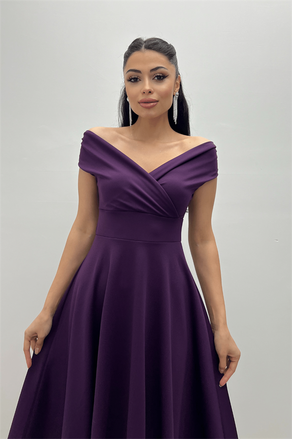 Kayık Yaka Midi Elbise - Patlıcan Mor - 4