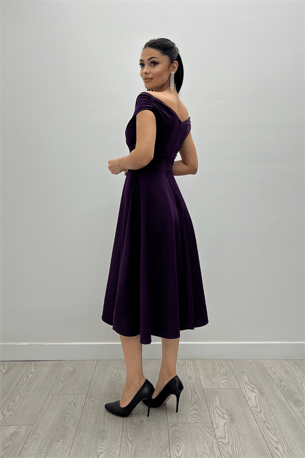 Kayık Yaka Midi Elbise - Patlıcan Mor - 5