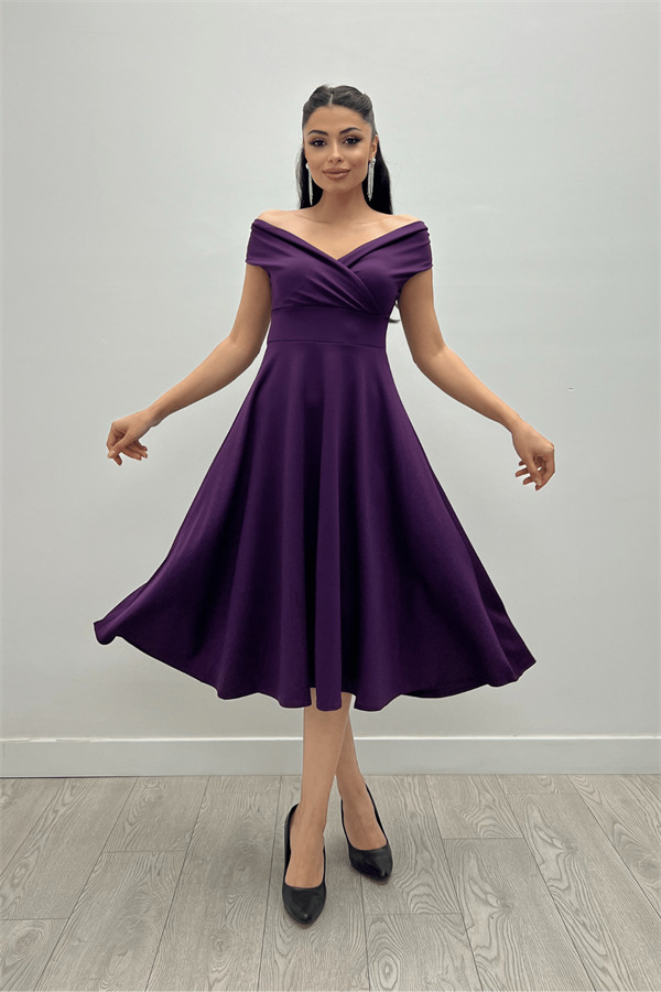 Kayık Yaka Midi Elbise - Patlıcan Mor - 2