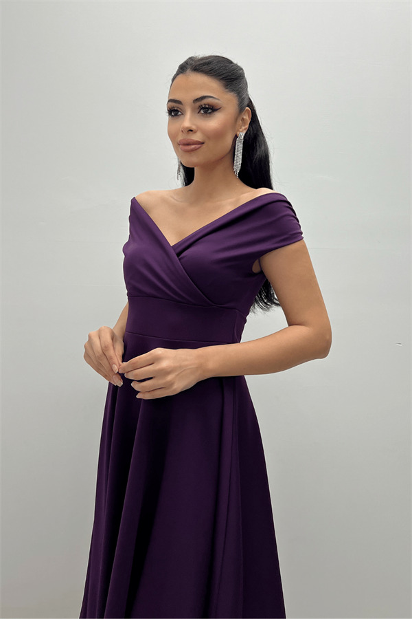 Kayık Yaka Midi Elbise - Patlıcan Mor - 3