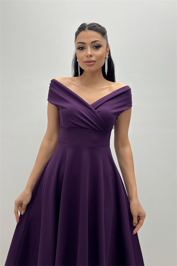 Kayık Yaka Midi Elbise - Patlıcan Mor - 4