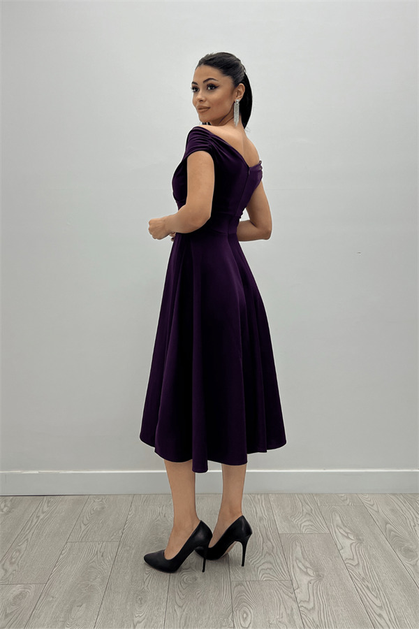 Kayık Yaka Midi Elbise - Patlıcan Mor - 5