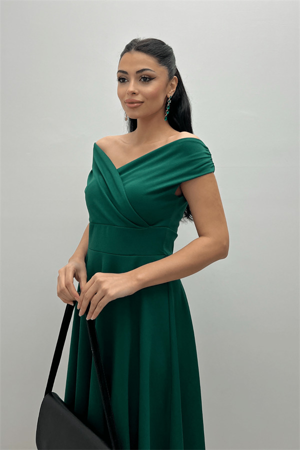 Kayık Yaka Midi Elbise - Zümrüt Yeşil - 4