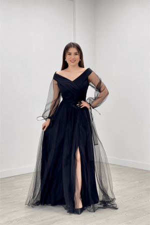 Kayık Yaka Tül Elbise - SİYAH - Angelino Moda