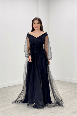 Kayık Yaka Tül Elbise - SİYAH - Angelino Moda (1)