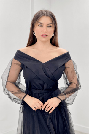 Kayık Yaka Tül Elbise - SİYAH - 3