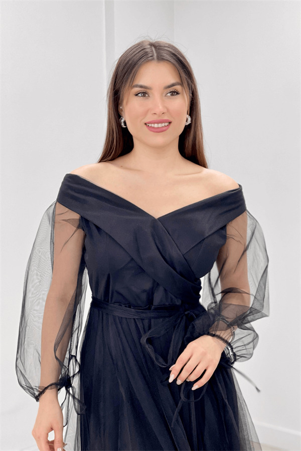 Kayık Yaka Tül Elbise - SİYAH - 4