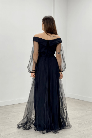 Kayık Yaka Tül Elbise - SİYAH - 5