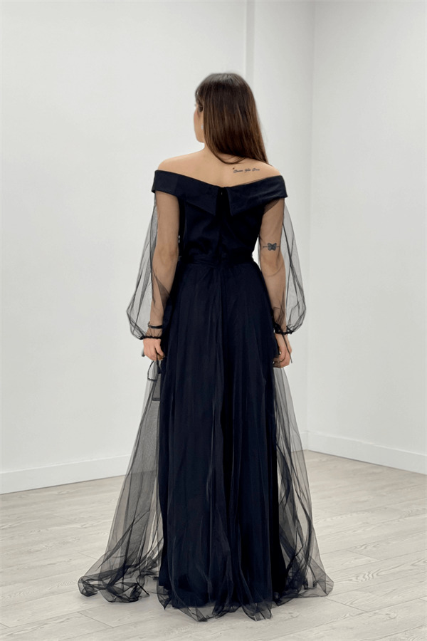 Kayık Yaka Tül Elbise - SİYAH - 5