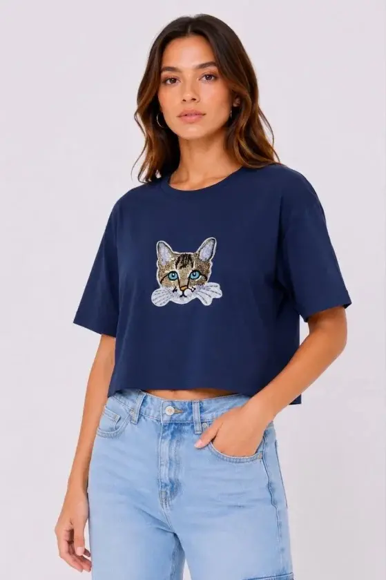 Kedi Baskılı Oversize Crop Tişört Salaş Basic Yarım Kol T-shirt - Lacivert - 1