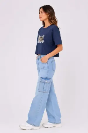 Kedi Baskılı Oversize Crop Tişört Salaş Basic Yarım Kol T-shirt - Lacivert - 2