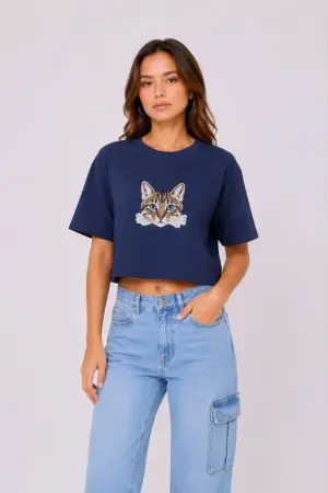 Kedi Baskılı Oversize Crop Tişört Salaş Basic Yarım Kol T-shirt - Lacivert - 3