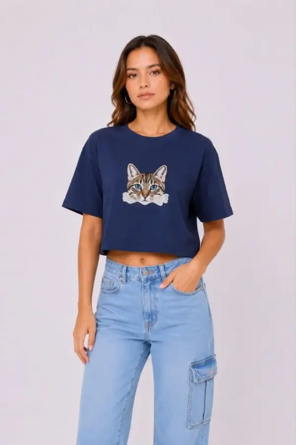Kedi Baskılı Oversize Crop Tişört Salaş Basic Yarım Kol T-shirt - Lacivert - 3
