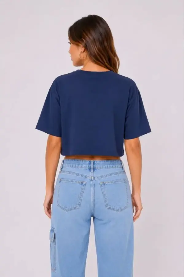 Kedi Baskılı Oversize Crop Tişört Salaş Basic Yarım Kol T-shirt - Lacivert - 4