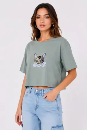 Kedi Baskılı Oversize Crop Tişört Salaş Basic Yarım Kol T-shirt - Mint Yeşili - 1