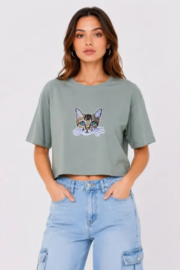 Kedi Baskılı Oversize Crop Tişört Salaş Basic Yarım Kol T-shirt - Mint Yeşili - 2