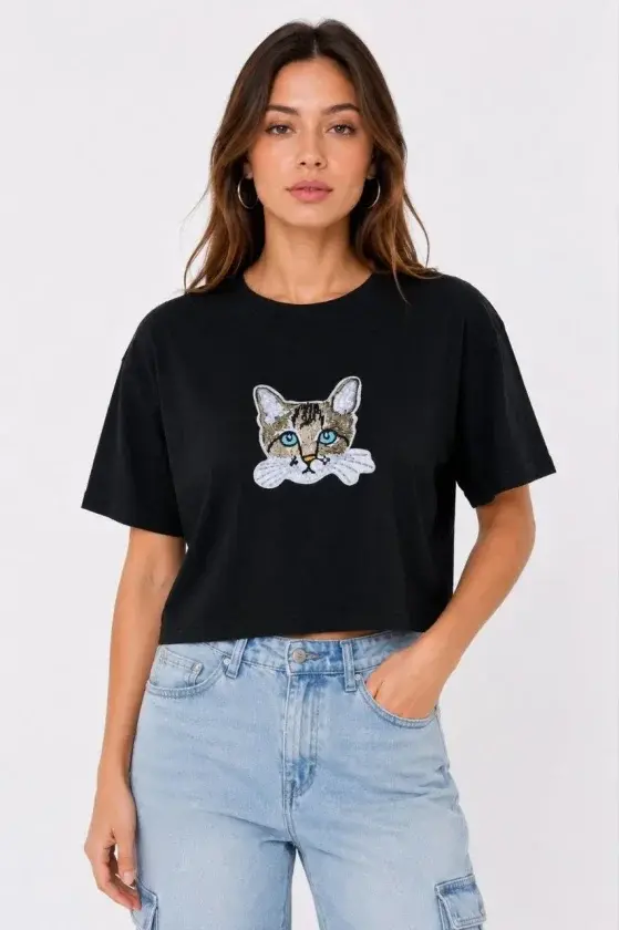 Kedi Baskılı Oversize Crop Tişört Salaş Basic Yarım Kol T-shirt - Siyah - 1