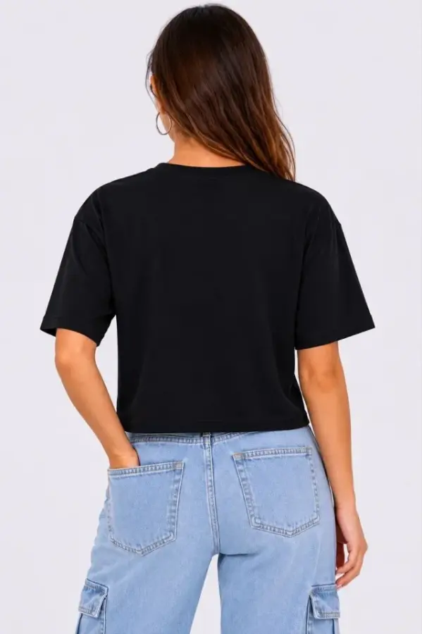 Kedi Baskılı Oversize Crop Tişört Salaş Basic Yarım Kol T-shirt - Siyah - 3