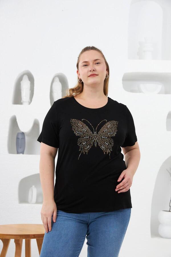 Kelebek Taş Baskılı Büyük Beden Tişört Siyah - 1