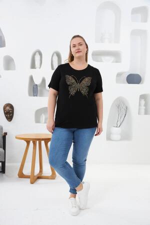Kelebek Taş Baskılı Büyük Beden Tişört Siyah - 4