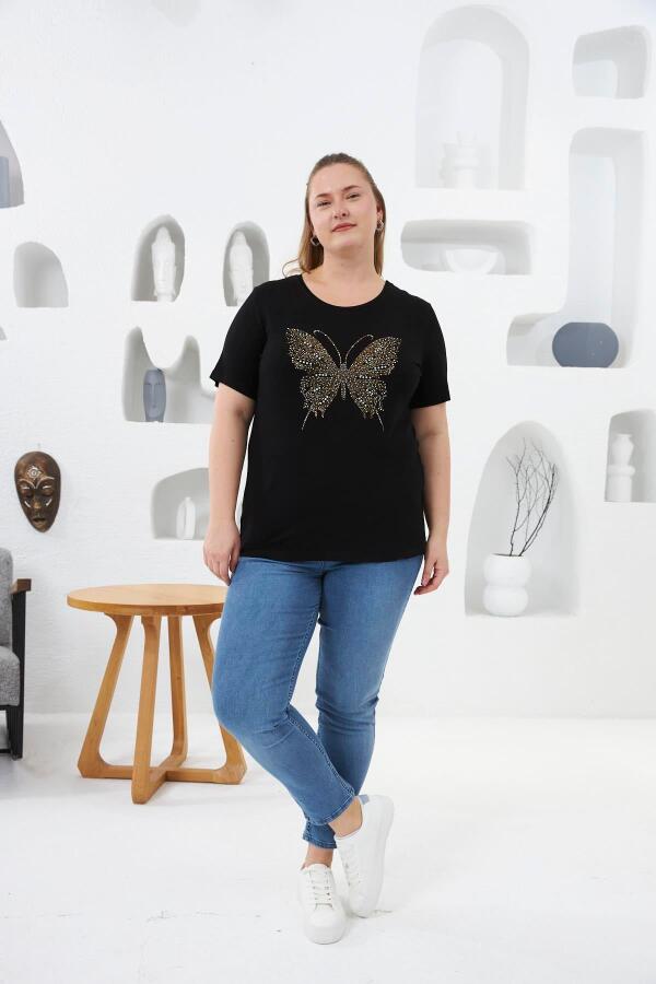 Kelebek Taş Baskılı Büyük Beden Tişört Siyah - 4