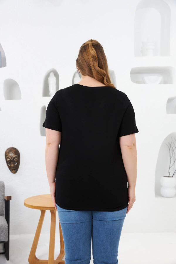 Kelebek Taş Baskılı Büyük Beden Tişört Siyah - 5