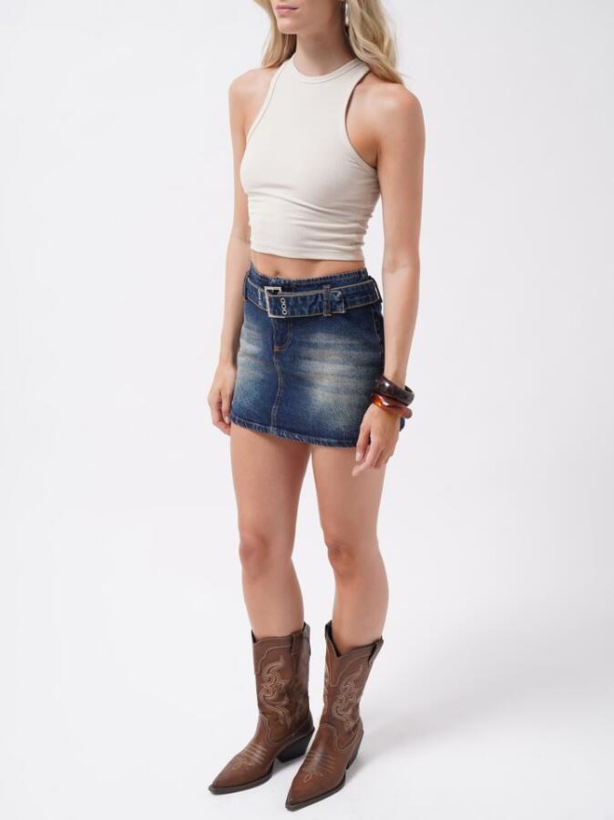Kemer Detay Denim Mini Etek - 3