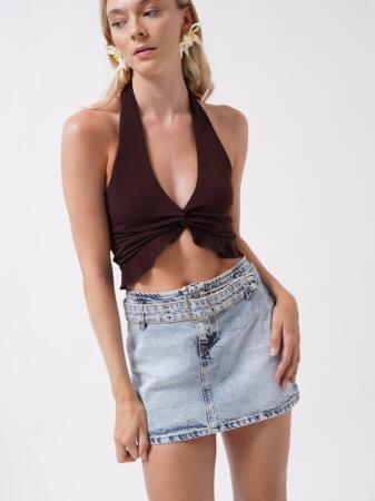 Kemer Detay Denim Mini Etek - 1