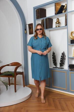 Kemer ve Cep Detaylı Düğmeli Kısa Kol Büyük Beden Elbise İndigo - RMG (1)