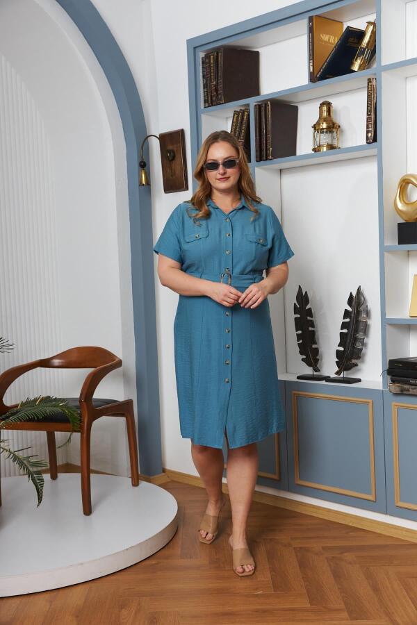 Kemer ve Cep Detaylı Düğmeli Kısa Kol Büyük Beden Elbise İndigo - 2