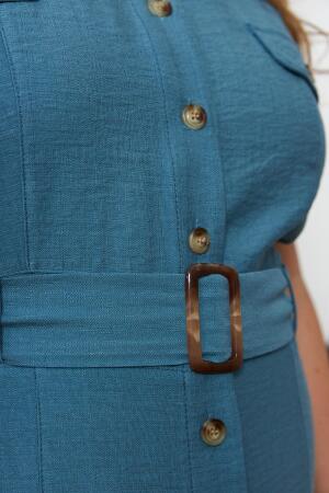 Kemer ve Cep Detaylı Düğmeli Kısa Kol Büyük Beden Elbise İndigo - 5