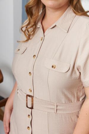 Kemer ve Cep Detaylı Düğmeli Kısa Kol Büyük Beden Elbise Krem - 5