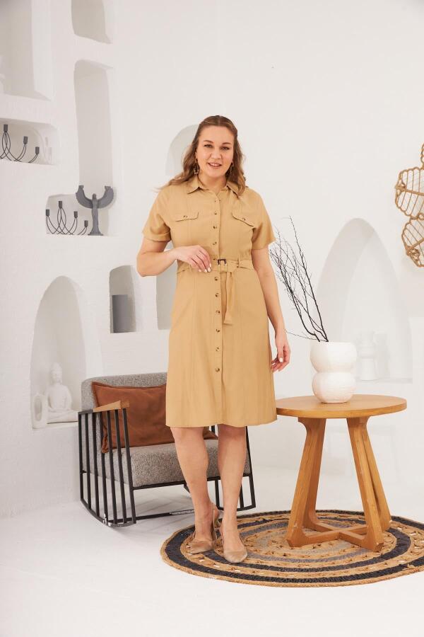 Kemer ve Cep Detaylı Düğmeli Kısa Kol Büyük Beden Elbise Vizon - 1