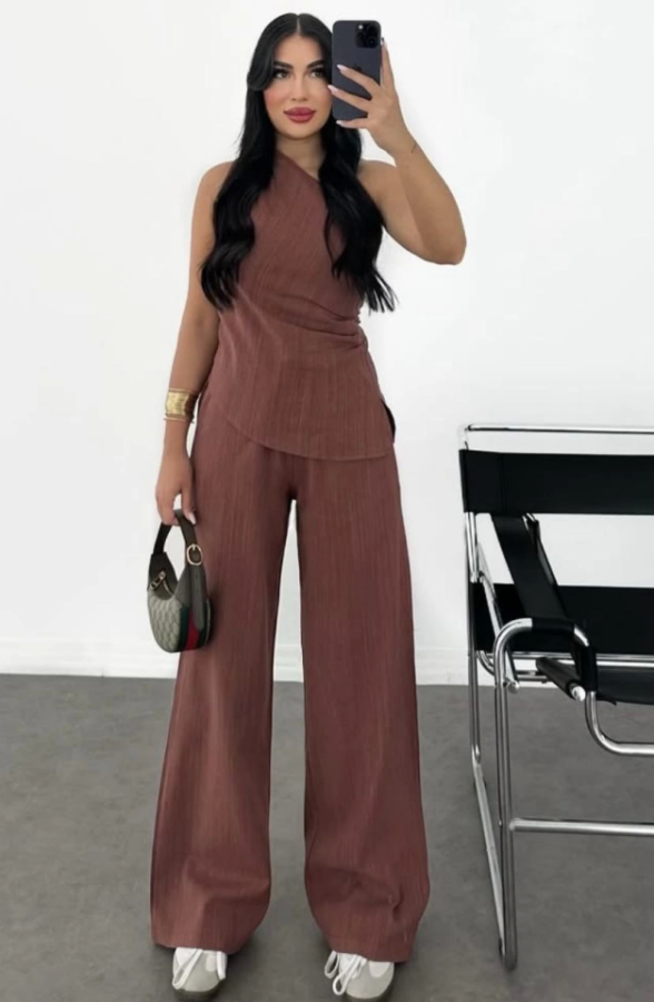 Keten Asimetrik Tek Omuzlu Bluz Pantalon Takım- Bordo - 1