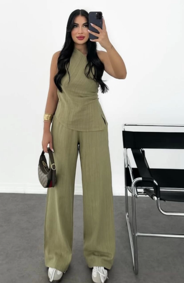 Keten Asimetrik Tek Omuzlu Bluz Pantalon Takım- Su Yeşili - 1
