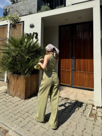 Keten Asimetrik Tek Omuzlu Bluz Pantalon Takım- Su Yeşili - 3